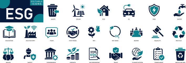 esg icon set featuring environmental sustainability, social, responsibility, strategy, recycling, sustainability, corporate, governance, diversity, and green investment vector symbols