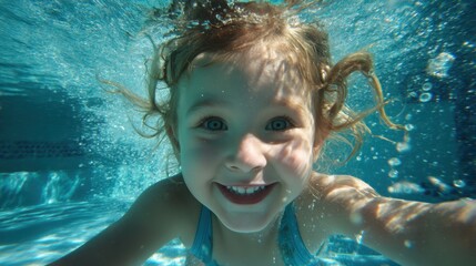 A joyful young girl with curly hair swims underwater smiling widely. Sunlight filters through the water creating a sparkling effect as she enjoys her playful time in the pool.
