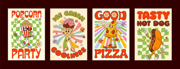 Cartoon groovy takeaway fast food characters and funny snacks, vector posters. Groovy fast food characters of funky pizza with popcorn, hot dog or ice cream with smile for retro groovy menu posters