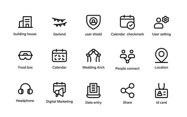 Celebration moments and event icons. ceremony, reception, speakers, and social media highlights line symbols.