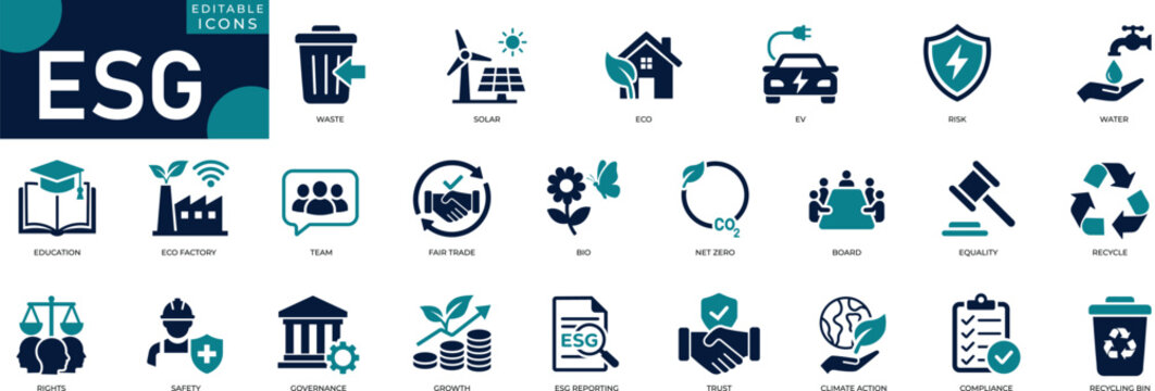 esg icon set featuring environmental sustainability, social, responsibility, strategy, recycling, sustainability, corporate, governance, diversity, and green investment vector symbols