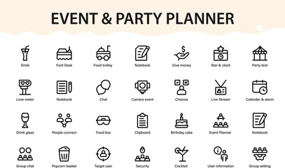 Event and party planner icons. event, planner, party, celebration, festival line symbols.