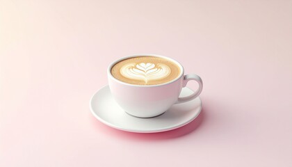 Latte Art in White Cup on Pink Background.