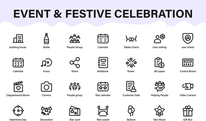 Event and festive celebration icons. moments, entertainment, social, and party line symbols.