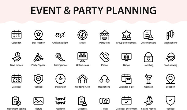 Event and party planning icons.  festival, planning, decorations, and guest management modern line icon set.