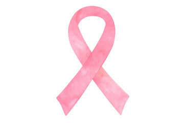 Pink awareness ribbon expressing breast cancer support, hope, and charity, watercolor texture on transparent background