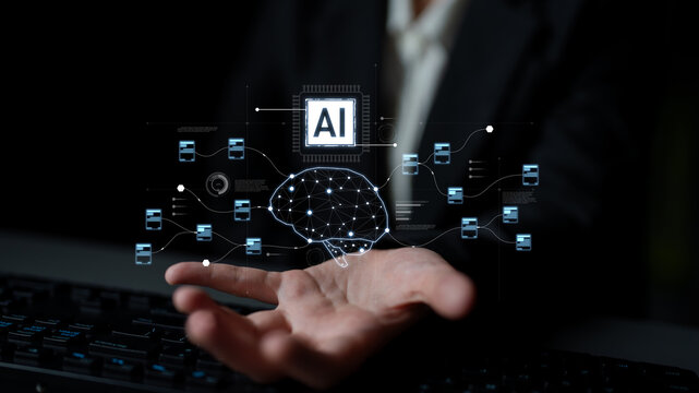 AI neural network and data processing system visualizing artificial intelligence with brain structure, chip, and connected data blocks for computation and learning Latch - Powered by Adobe