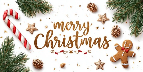 Merry Christmas Design with Candy Cane, Gingerbread Man, Pine Cones, and Fir Branches for Holiday Decor