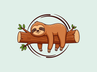 Obraz premium Charming cartoon sloth vector illustration peacefully resting on a rustic tree trunk, ideal for nature-inspired designs, kids' projects, or promoting a relaxed lifestyle