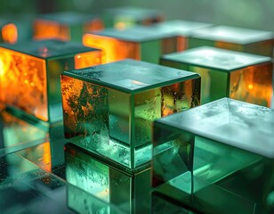 Close-up of translucent, glowing green and orange cubes arranged on a reflective surface