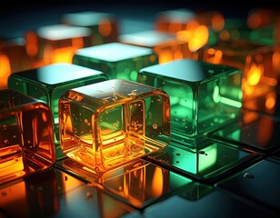 Close-up of glossy, transparent cubes in hues of orange and green reflecting light