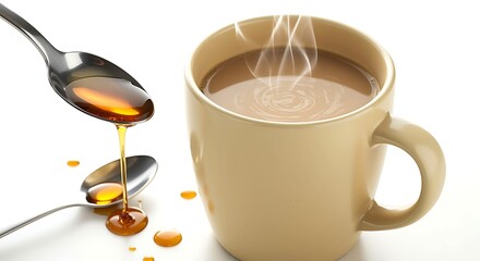 Honey being poured into a cup of coffee with steam spoon drink liquid sweet hot beverage pouring tableware