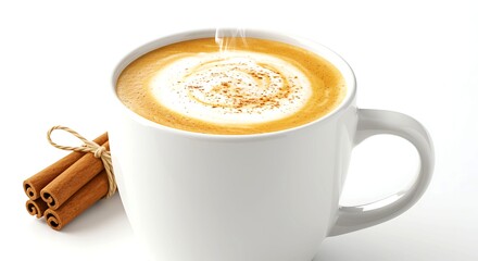 Hot cappuccino with cinnamon sticks on white background coffee drink beverage cup spice foam latte