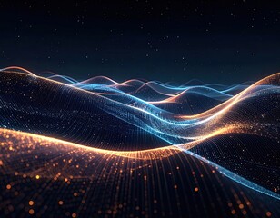 Digital waves undulate across a starry dark cosmos, glowing with orange and blue light