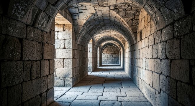 A long stone corridor with arched ceilings and doorways, bathed in dramatic light and shadow.