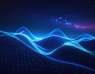 Glowing digital waveform over a wireframe mesh with a starry sky background