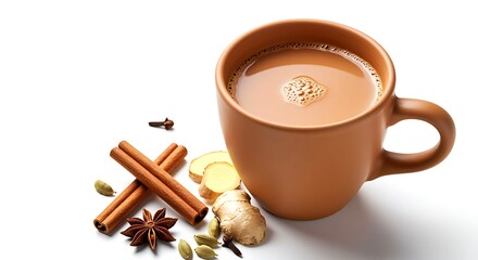 Aromatic chai tea with spices on a white background cinnamon ginger cardamom clove star anise drink