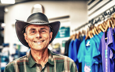Happy man wearing an outback hat in a shop
