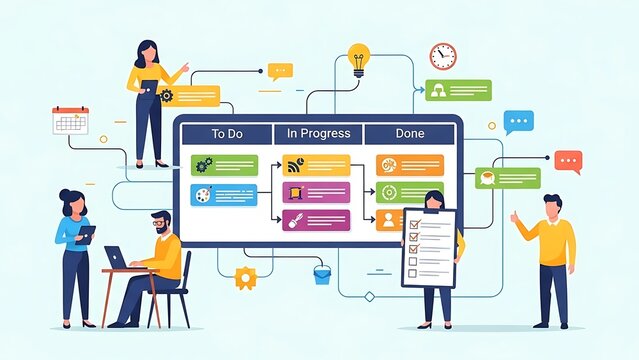 Team collaborating on a project management board with tasks and timelines