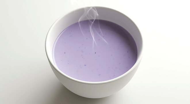 Bowl of hot ube halaya or purple yam jam on white background filipino dessert food steaming sweet