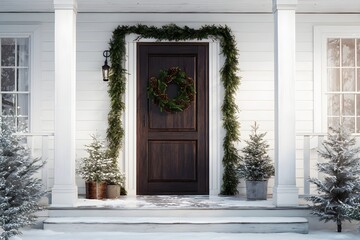 Obraz premium Classic white house exterior with dark wood front door, festive Christmas garland, pinecone wreath, and snowy potted evergreens on a rustic winter porch.