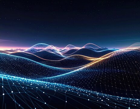 Digital landscape with glowing lines, spheres, and waves across a starry night sky - Powered by Adobe