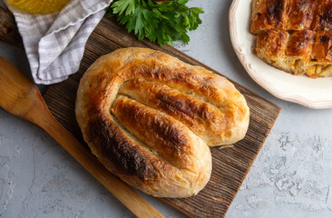 Turkish style meat stuffed filo dough borek served kol boregi.