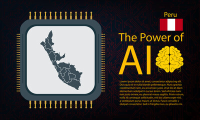 Peru map with microchip war and AI concept on circuit board, Power of AI with country map. Global connectivity with big data.