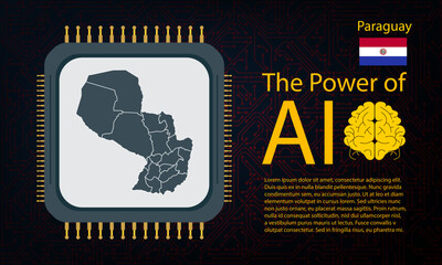 Paraguay map with microchip war and AI concept on circuit board, Power of AI with country map. Global connectivity with big data.