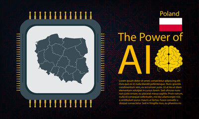 Poland map with microchip war and AI concept on circuit board, Power of AI with country map. Global connectivity with big data.