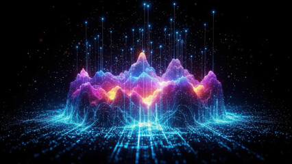 Big data visualization: glowing digital landscape with interconnected particle waves