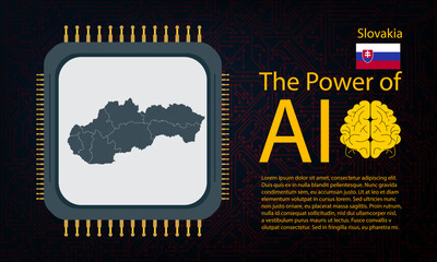 Slovakia map with microchip war and AI concept on circuit board, Power of AI with country map. Global connectivity with big data.