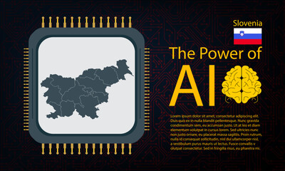 Slovenia map with microchip war and AI concept on circuit board, Power of AI with country map. Global connectivity with big data.