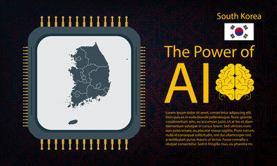 South Korea map with microchip war and AI concept on circuit board, Power of AI with country map. Global connectivity with big data.