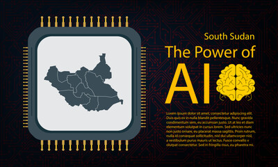 south Sudan map with microchip war and AI concept on circuit board, Power of AI with country map. Global connectivity with big data.