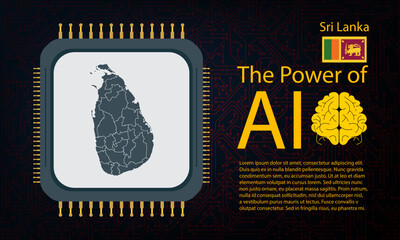 sri lanka map with microchip war and AI concept on circuit board, Power of AI with country map. Global connectivity with big data.