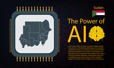 Sudan map with microchip war and AI concept on circuit board, Power of AI with country map. Global connectivity with big data.