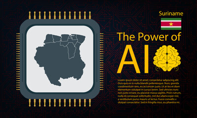 Suriname map with microchip war and AI concept on circuit board, Power of AI with country map. Global connectivity with big data.