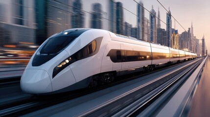 A high speed train glides swiftly along the tracks surrounded by tall skyscrapers as the sun sets casting a warm glow on the cityscape. The scene shows urban life in motion and innovation.