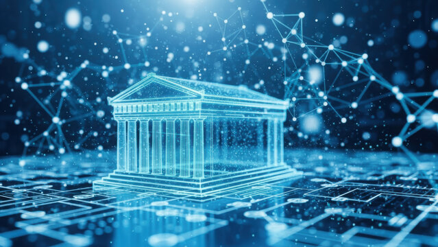 Digital bank building wireframe on glowing circuit board background with network connections - Powered by Adobe