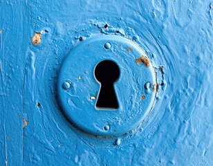 Close-up of a blue, aged wooden door with a keyhole and hints of rust