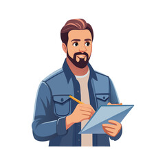 Bearded man writes on clipboard with a pencil, wearing a denim jacket in studio