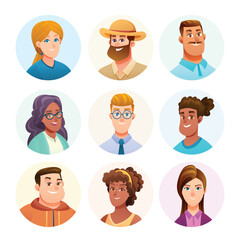 Set of Smiling Cartoon People Avatars. Vector Collection of Diverse Male and Female Character Portraits. Modern Round User Profile Icons for Social Media, Business Team, and Website Design