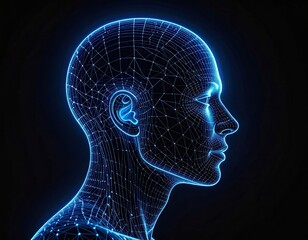 Illuminated 3D rendering of a human head in profile, comprised of a wireframe mesh