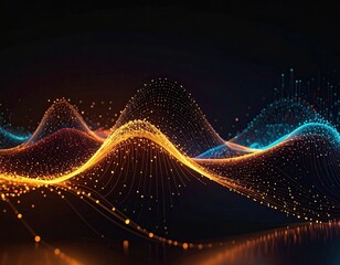 Abstract digital illustration featuring flowing waves of interconnected glowing particles