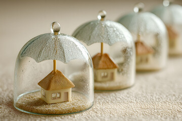 Home Protection Concept with Miniature House Under Glass Umbrella Dome for Safety and Security