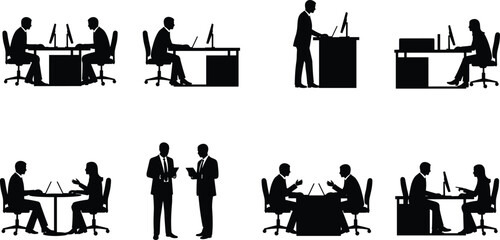 Business silhouettes, office interaction scenes, professionals at desks, meetings, collaboration, computer work, discussion, workplace dynamics, corporate environment