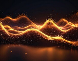 Digital art of shimmering, golden lines forming wave-like structures against a dark background
