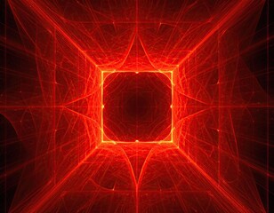 Glowing red square abstract art with a web of lines converging towards the center