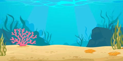 Fototapeten Türkis Cartoon colorful underwater landscape with sea plants and corals vector illustration.  © Rabin